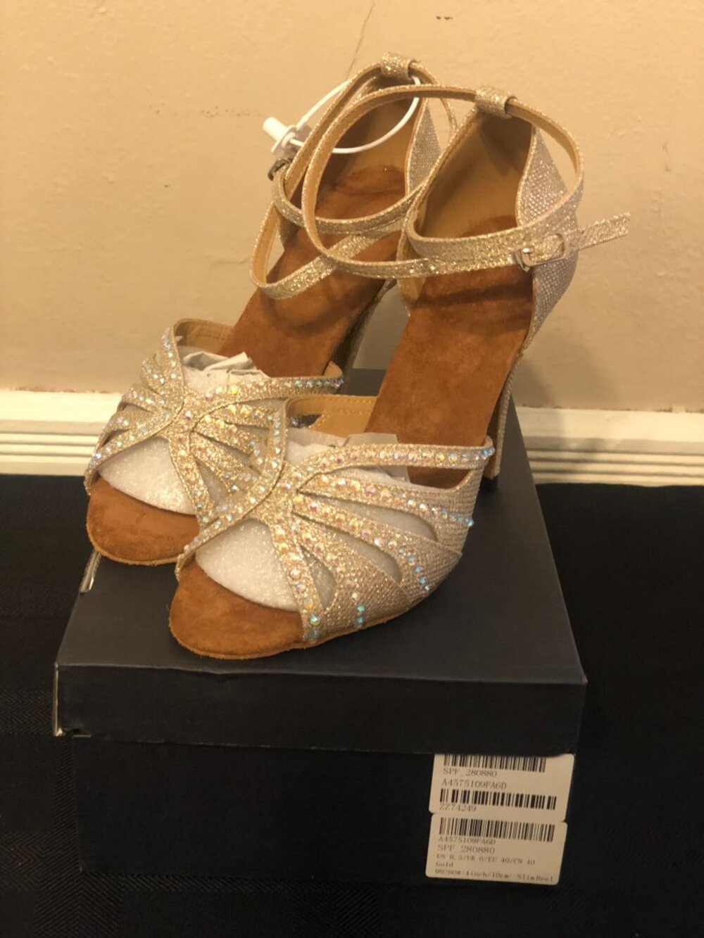 Gold Rhinestone Latin Ballroom Dance Heels Suede Sole 8.5